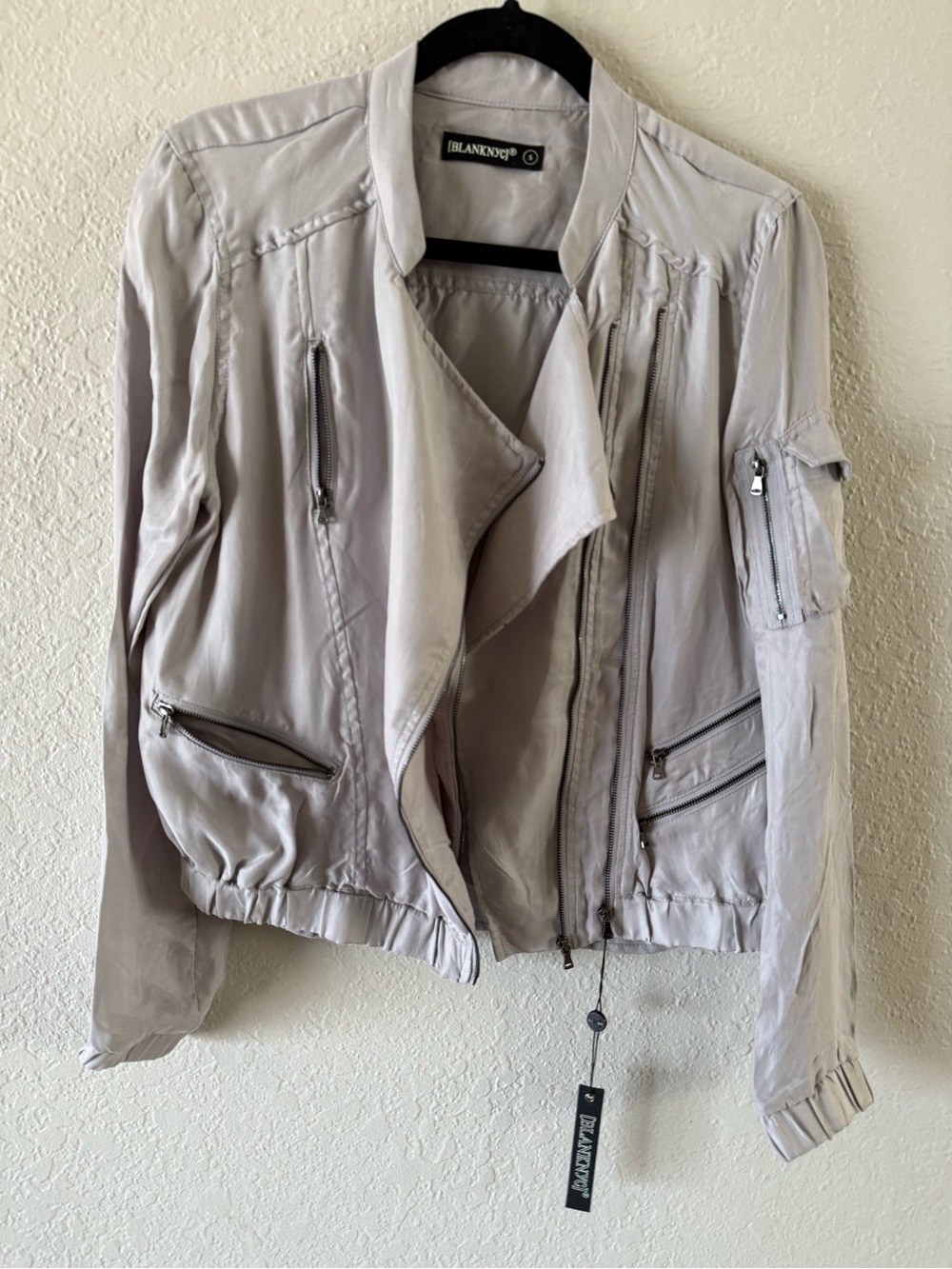 NWT BlankNYC Lightweight Grey Drapey Moto/Bomber Hybrid Jacket Size S Pockets